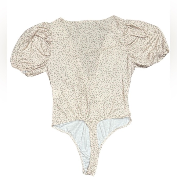 Missguided lace up front puff sleeve cream pink purple floral bodysuit US 6 - Picture 3 of 8